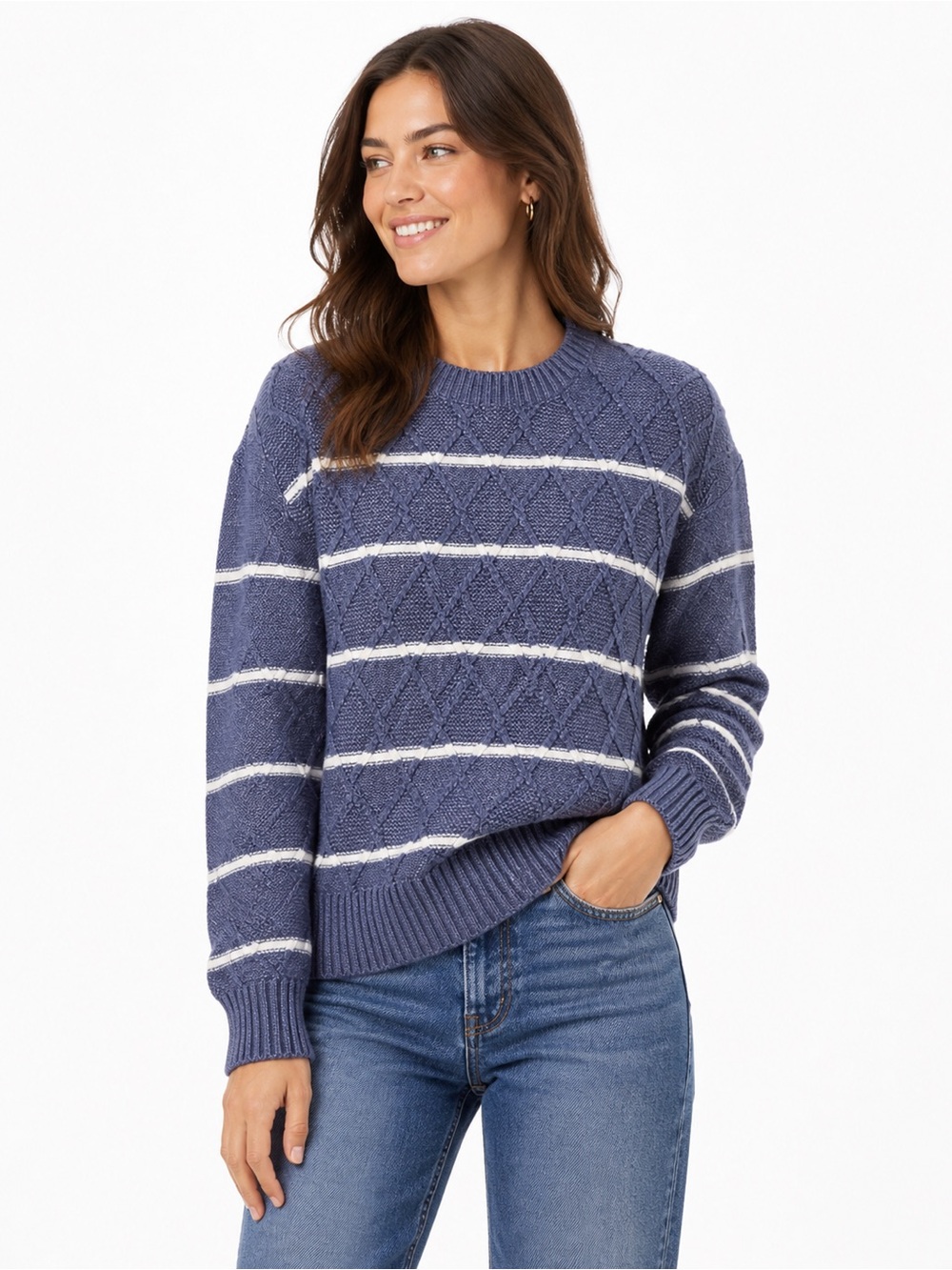 BearPaw Size Medium Women's Blue and White Striped Crewneck Cable Knit Sweater
